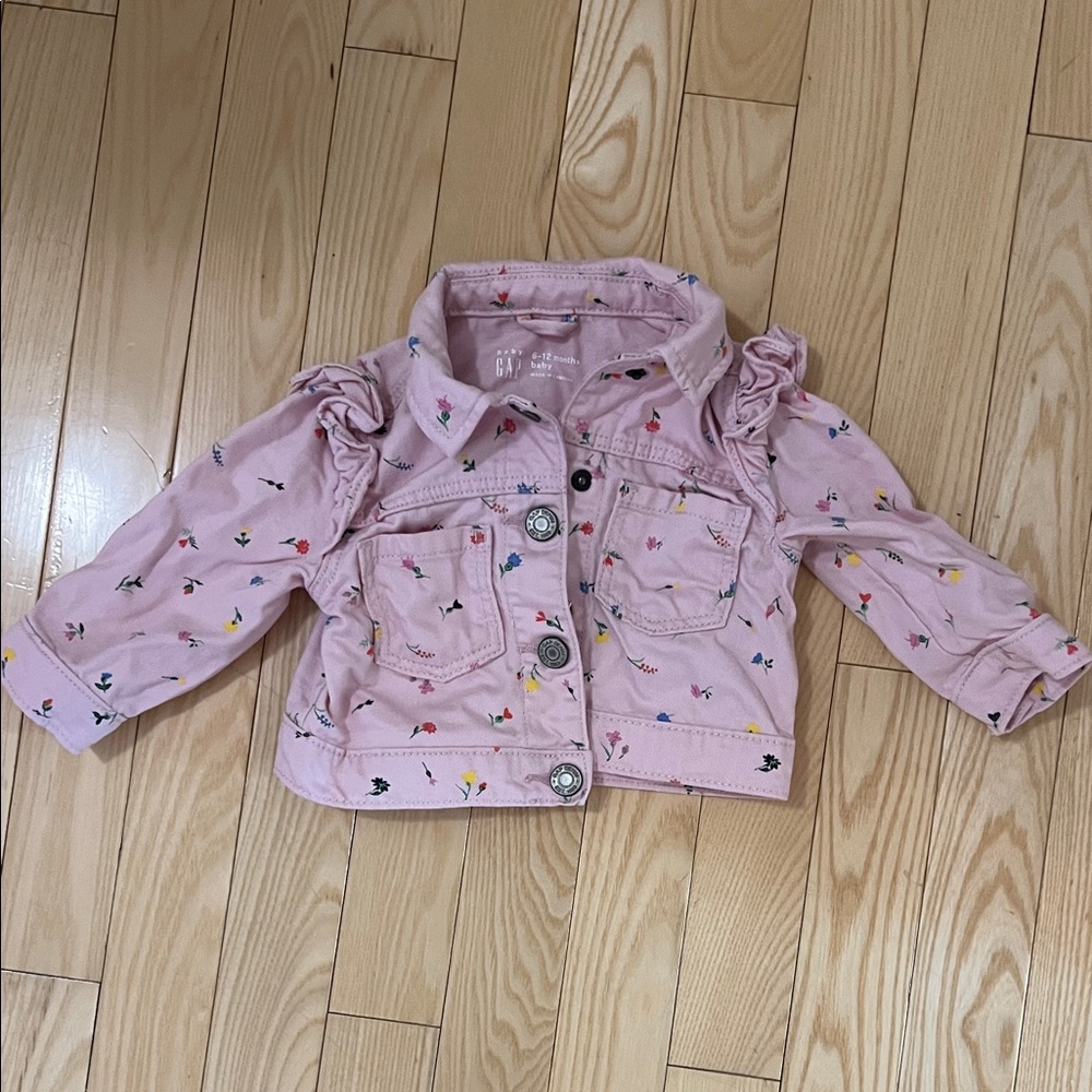 GAP Pink Jean Jacket with Floral Accents 6-12M
